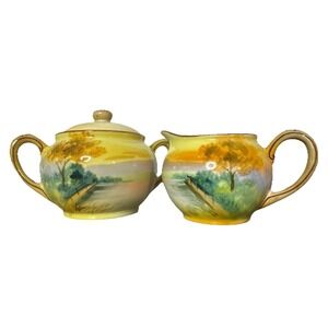 1920's Antique Nippon Hand Painted Sugar & Creamer Set Raised Lake Art Nouveau